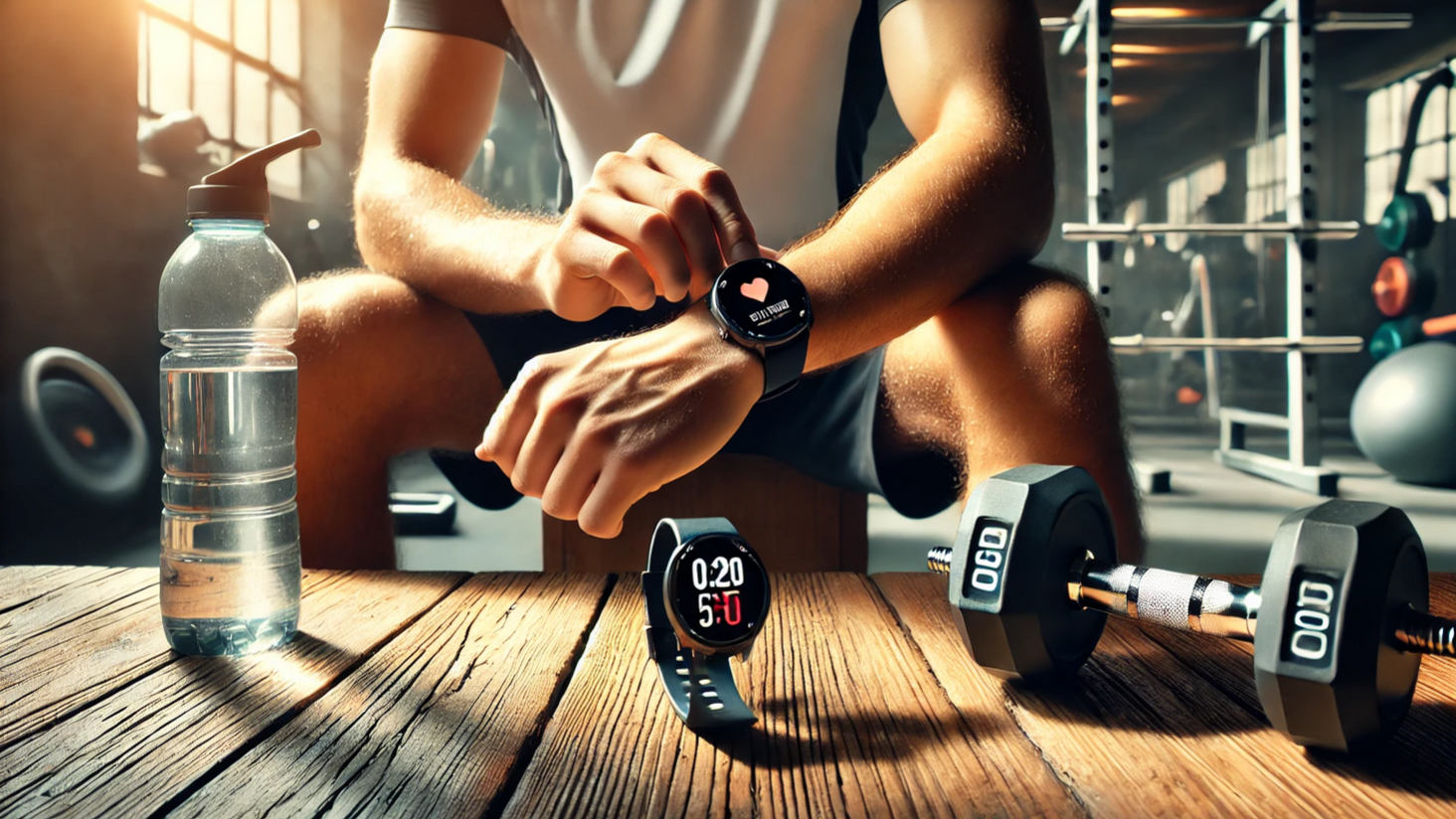 Person wearing an affordable fitness smartwatch under $100, displaying health metrics like heart rate, steps, and calories. The individual is adjusting the smartwatch strap while sitting at a wooden table with gym equipment in the background, including dumbbells and a water bottle. The image showcases budget-friendly fitness trackers for beginners, emphasizing affordable smartwatches with fitness tracking, GPS, and heart rate monitoring in a motivating, tech-forward setting.