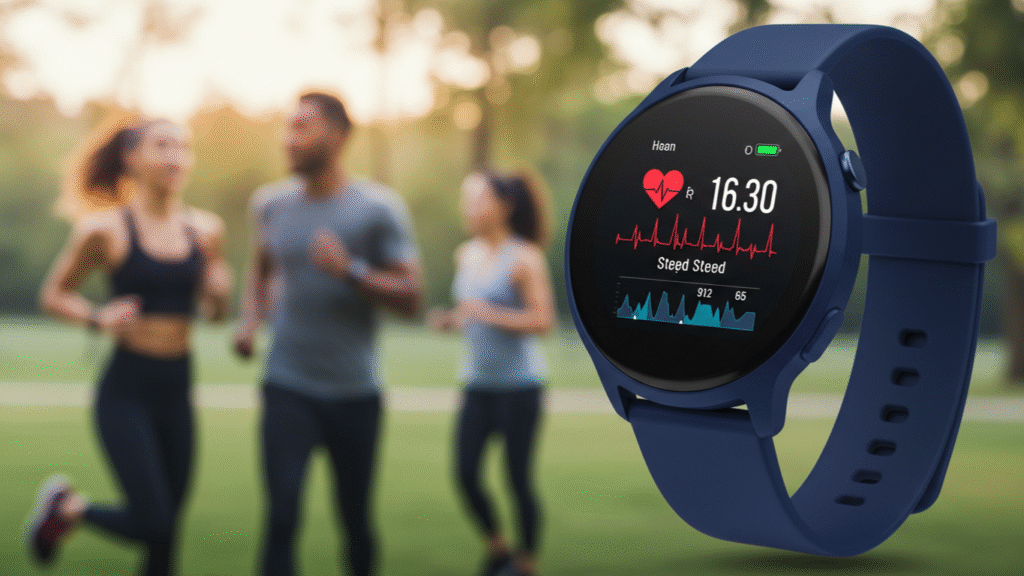 Affordable Fitness Tracker Diverse Group Enjoying Outdoor Run in the Background