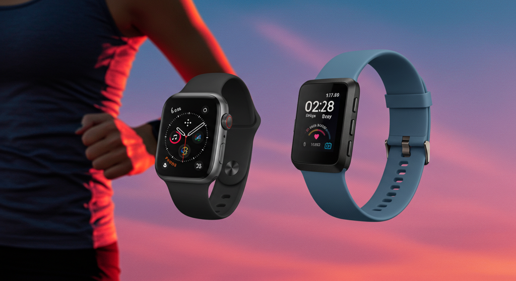 A vibrant , dynamic image depicting a person engaging in a running fitness activity with a closeup of Apple Watch Series 10 and  Fitbit Sense 2.