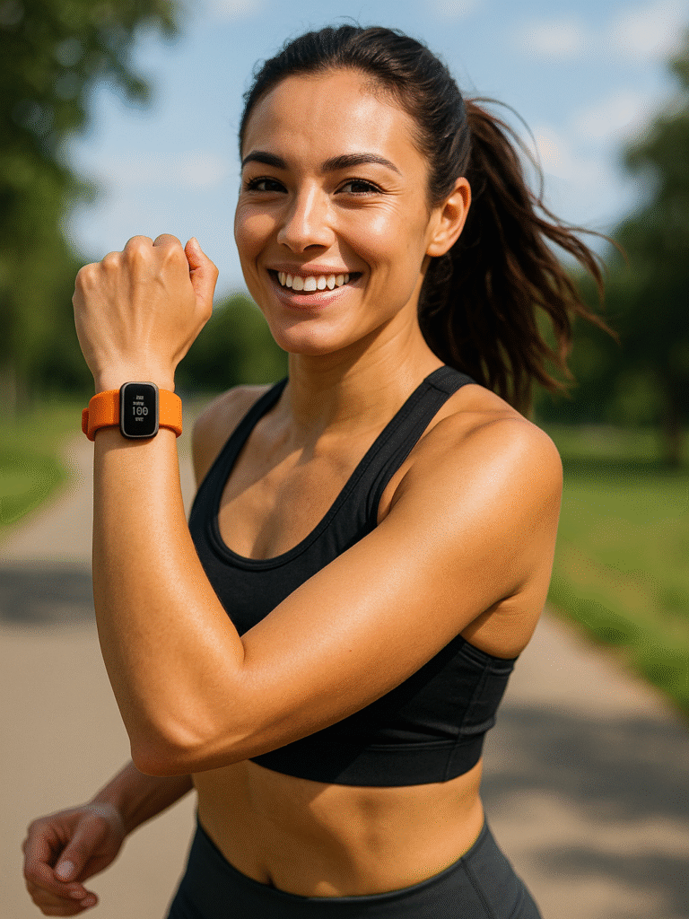 Woman in active wear with affordable fitness tracker on wrist