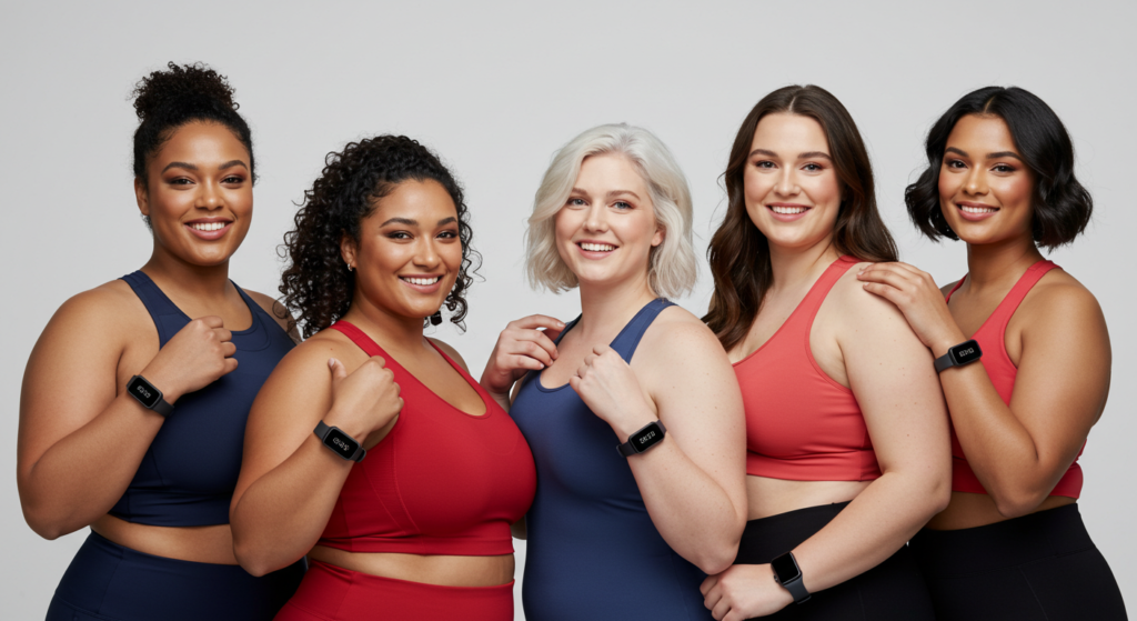 Image showing five smiling plus-size women of different ages and ethnicities, each wearing a fitness tracker. This image promotes body positivity and inclusivity in fitness.