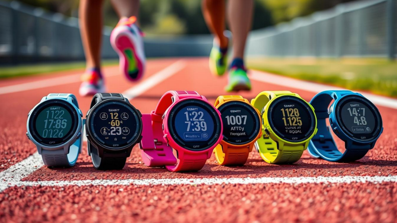 A collection of sleek GPS running watches displayed on a running track