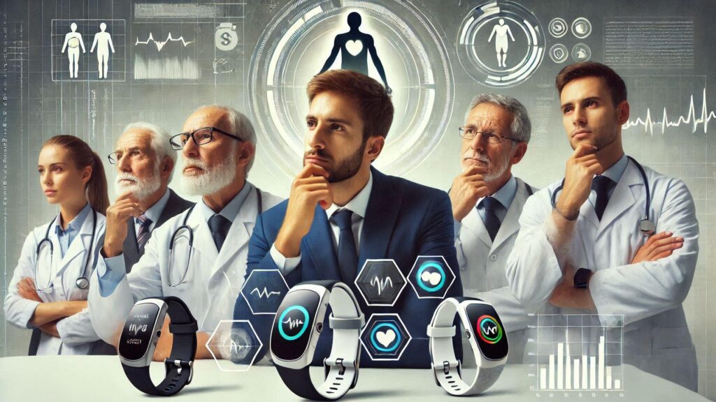 A diverse group of experts (doctors, scientists, fitness professionals) looking thoughtfully at various wearable devices, with a subtle data visualization element in the background.