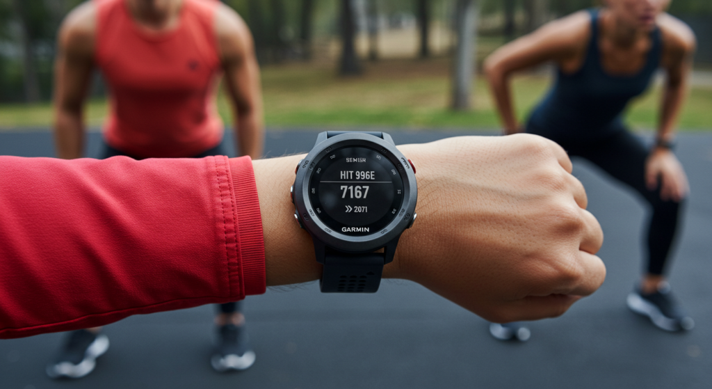 Garmin Forerunner 965 smartwatch, HIIT workout, fitness tracker, heart rate monitor, exercise tracking.