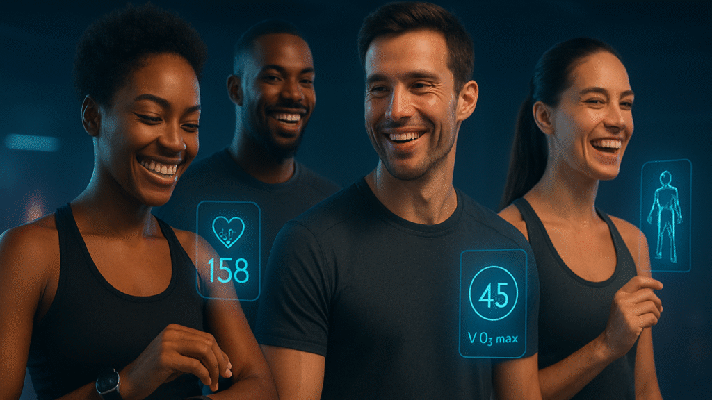 Group of athletes smiling while using futuristic fitness wearables with holographic health data, representing innovative wearable tech brands in 2025.