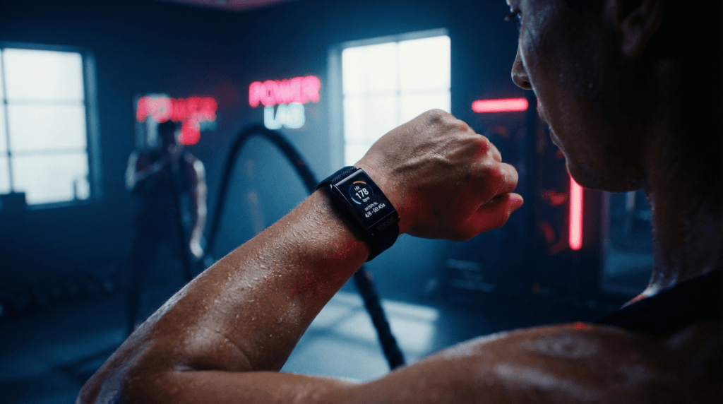 Athlete wearing one of the high precision fitness trackers for HIIT displaying heart rate during a HIIT workout.
