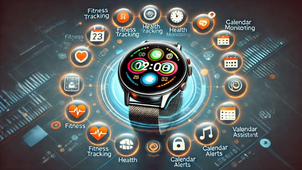 smartwatch with various health and fitness apps displayed