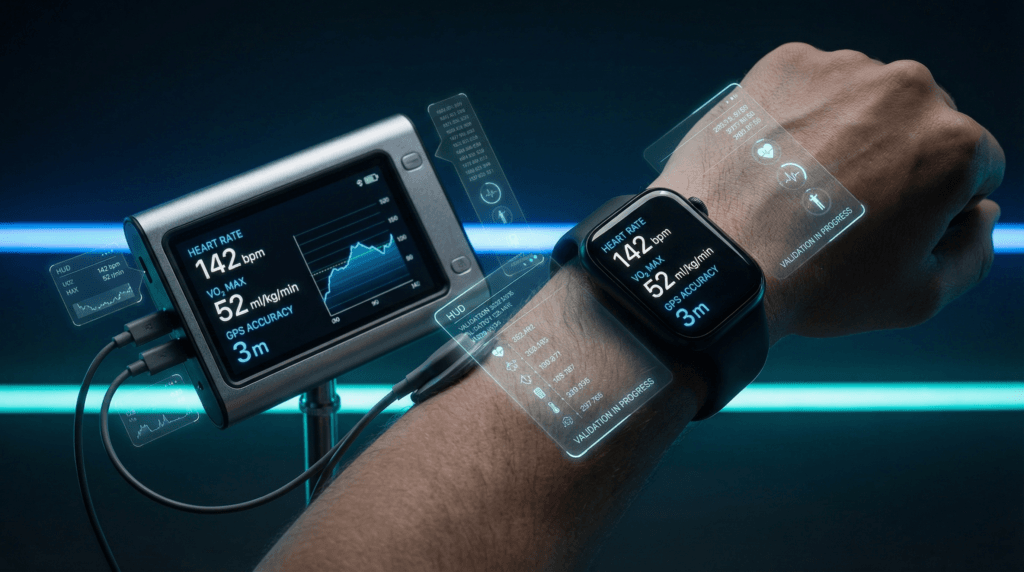 A smartwatch and a professional diagnostic device displaying matching heart rate, VO₂ max, and GPS data, illustrating expert comparison of wearable device accuracy.