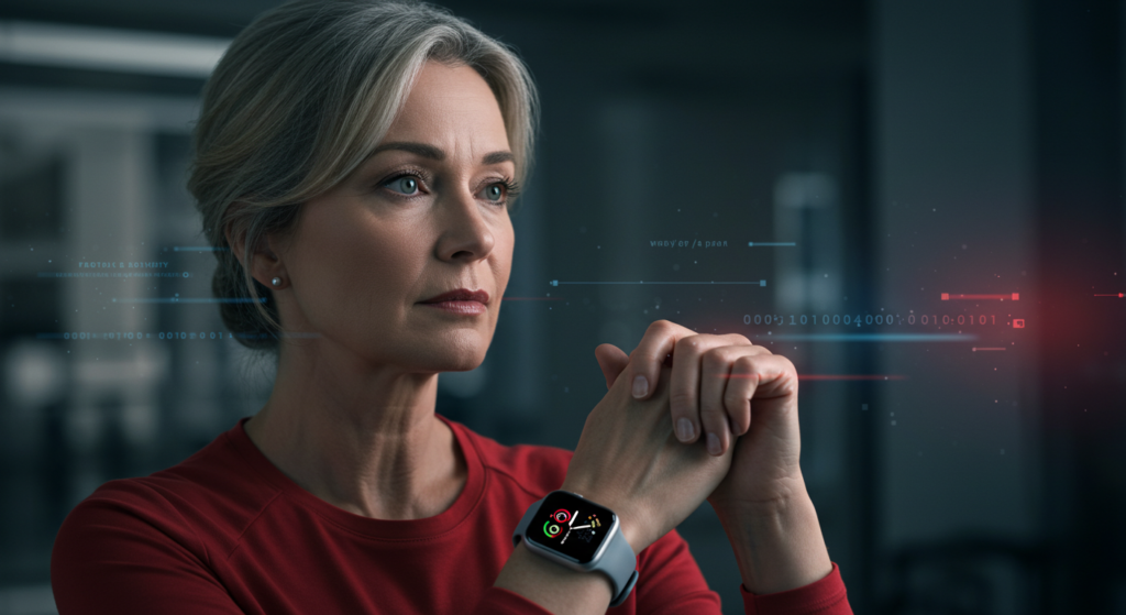 A woman wearing a smartwatch looks off-camera with a pensive expression, against a blurred background suggesting concerns about data privacy in wearable technology.