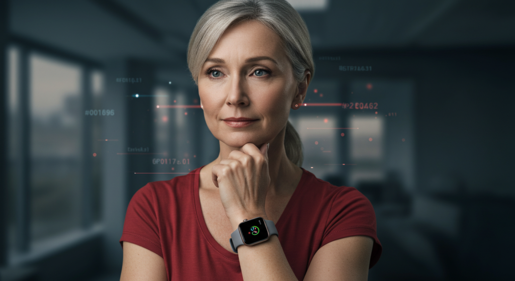 Woman Wearing Smartwatch facing expressing concerns over privacy and data security in wearables