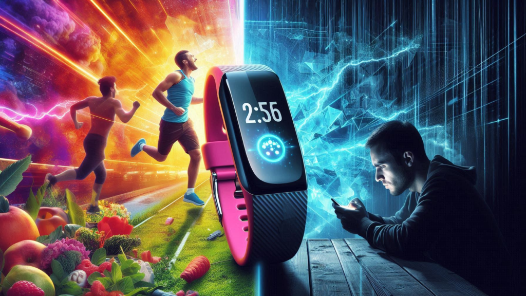 A split image showing the bright, appealing side of fitness trackers (someone happily using one outdoors, vibrant colors) contrasted with a dark, shadowed side showing e-waste, a stressed person looking at their phone, and data streams flowing away. Depicts the hidden cost of fitness trackers.