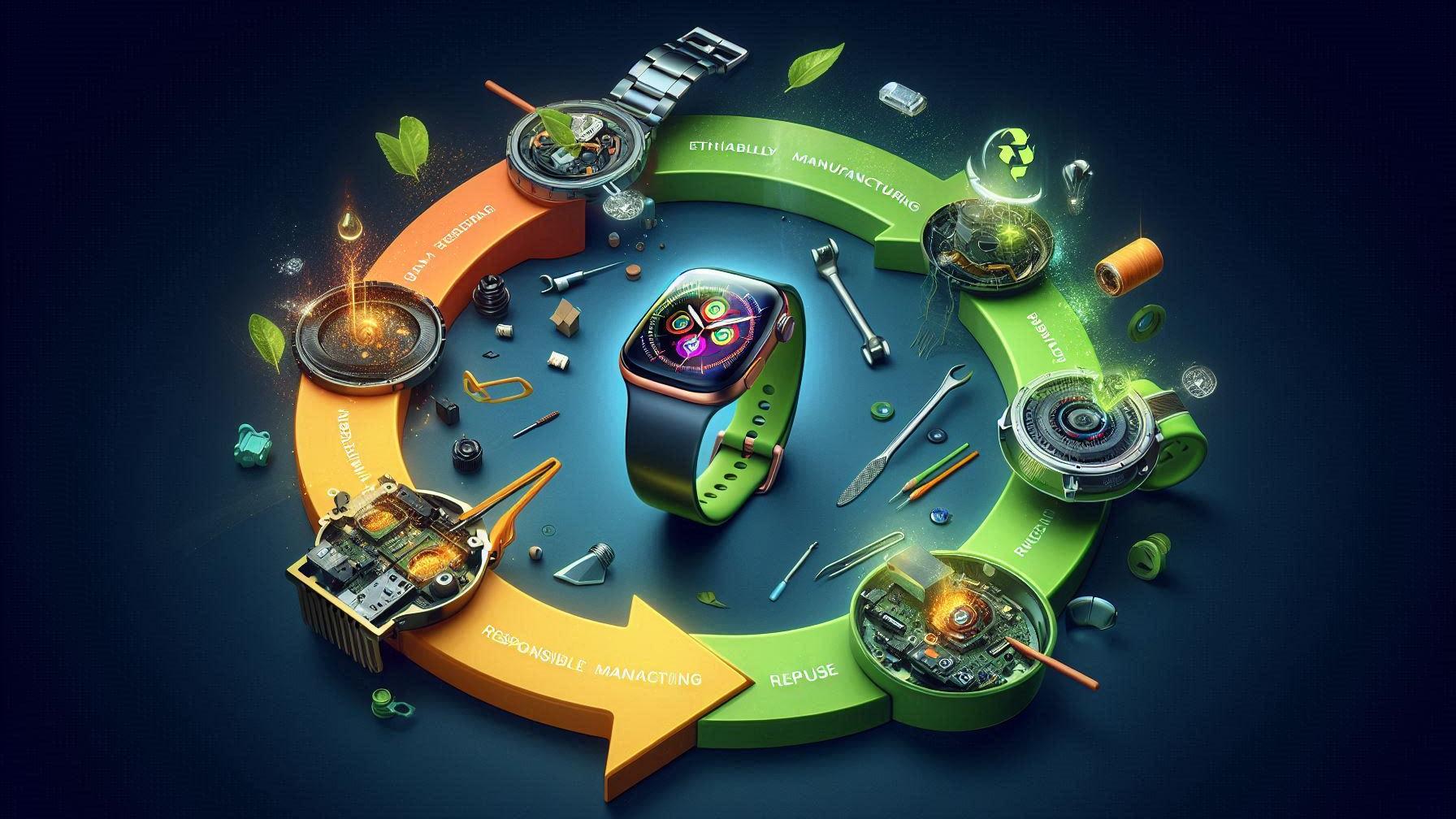 A photorealistic illustration depicting the sustainable lifecycle of a smartwatch: from ethically sourced materials and eco-friendly manufacturing to repair, reuse, and responsible recycling.