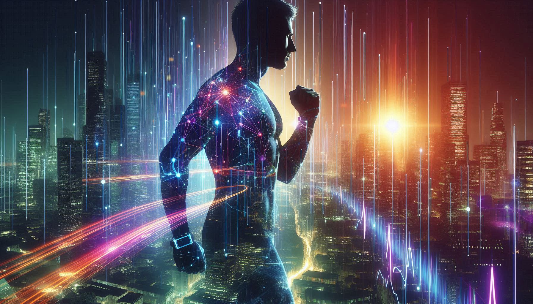 A futuristic, artistic rendering of a person silhouetted against a vibrant cityscape, with glowing lines representing data streams emanating from their wearable fitness device.