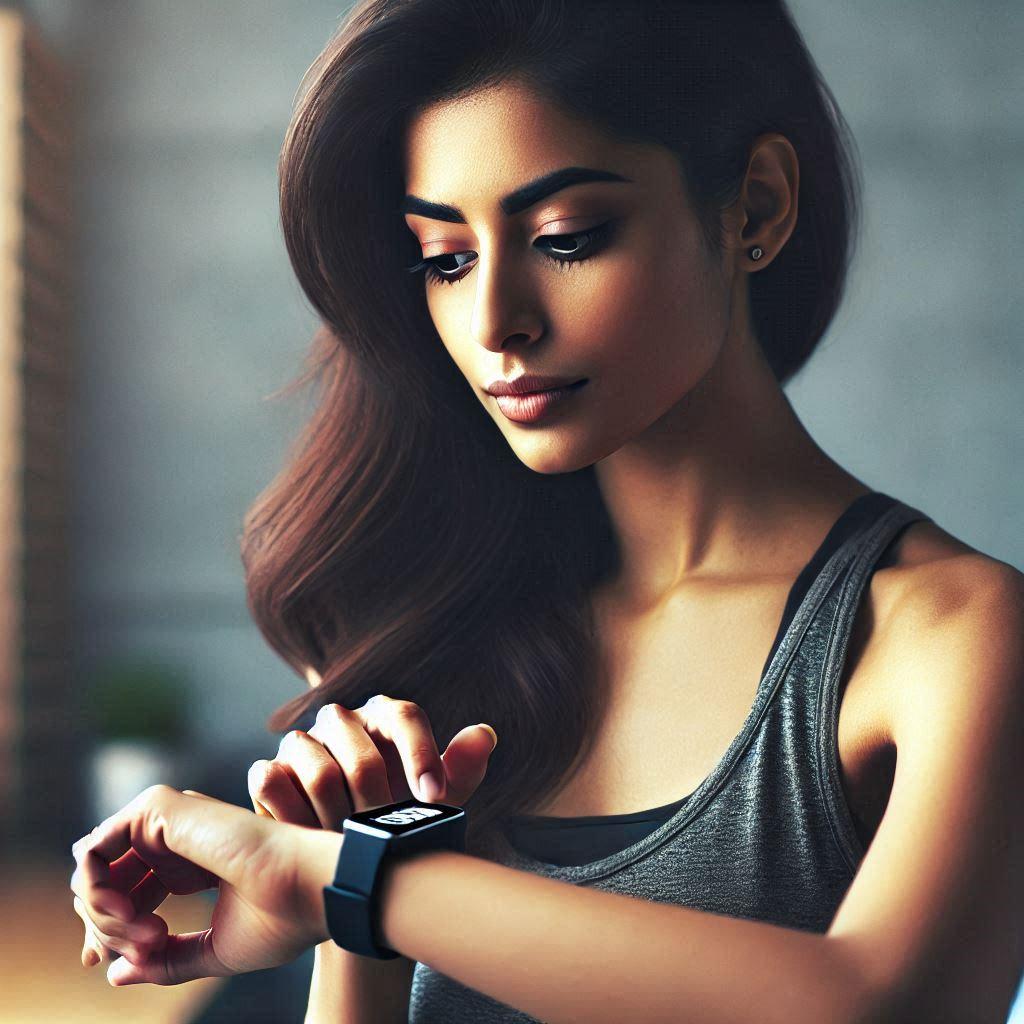Woman looking at the performance metrics on the fitness tracker on her wrist. She appears to be in deep reflection, perhaps concerned by deviation from her carefully curated data points, creating anxiety.