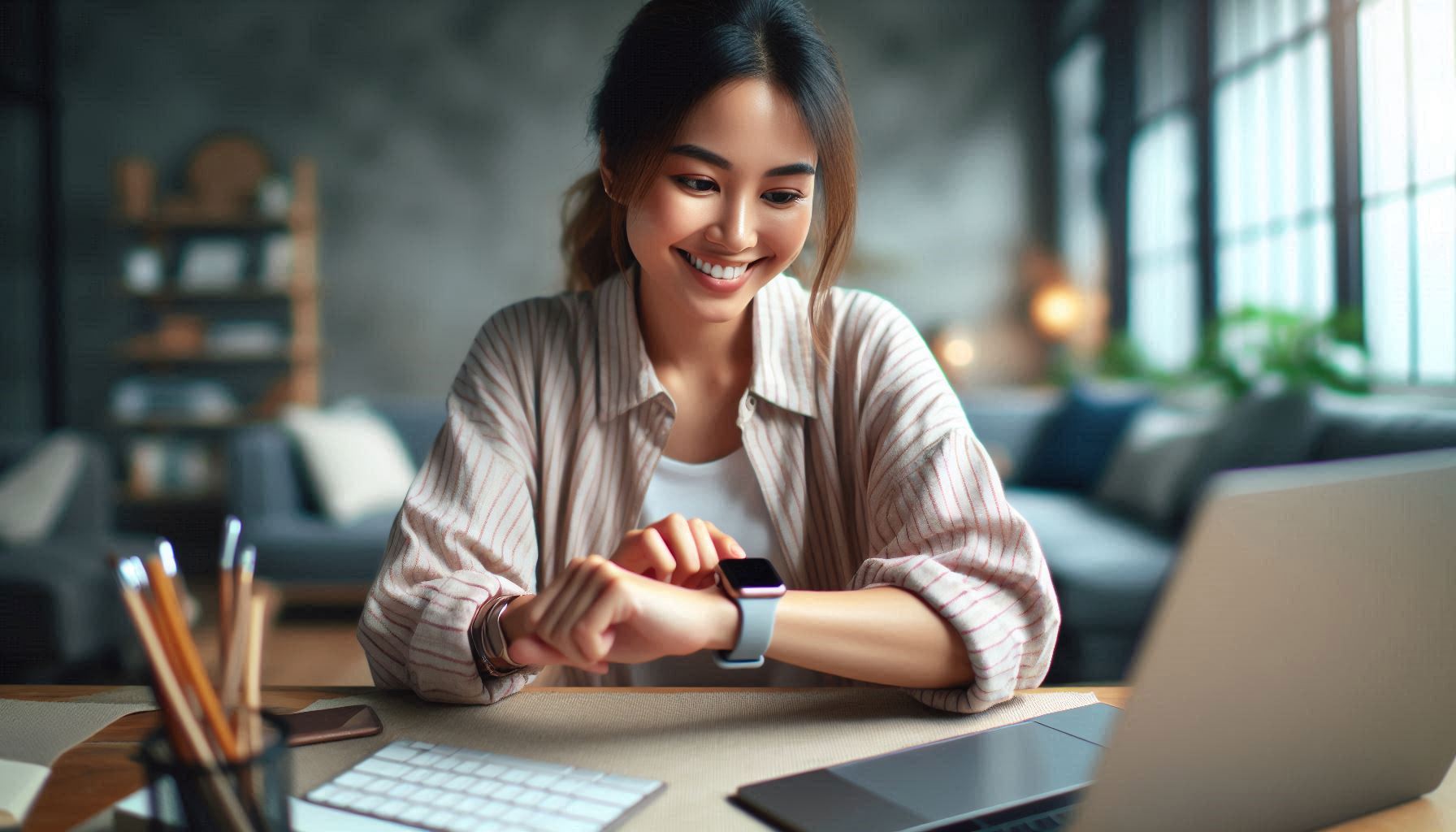 Photorealistic image of a person smiling, using a smartwatch and looking relaxed amidst a home office setting; natural lighting, comfortable atmosphere; positive, energetic vibe.