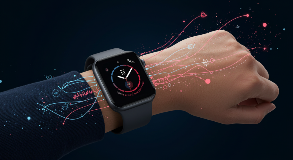 Apple Watch Series 10, biometric data, AI insights, data visualization, wearable technology, fitness tracker, abstract illustration, vibrant colors, modern design.