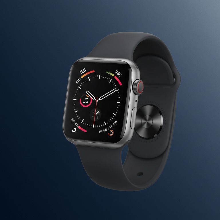 High-resolution image of an Apple Watch Series 10, showcasing its design and features against a subtle gradient background of dark blue and white, accented with red-pink.