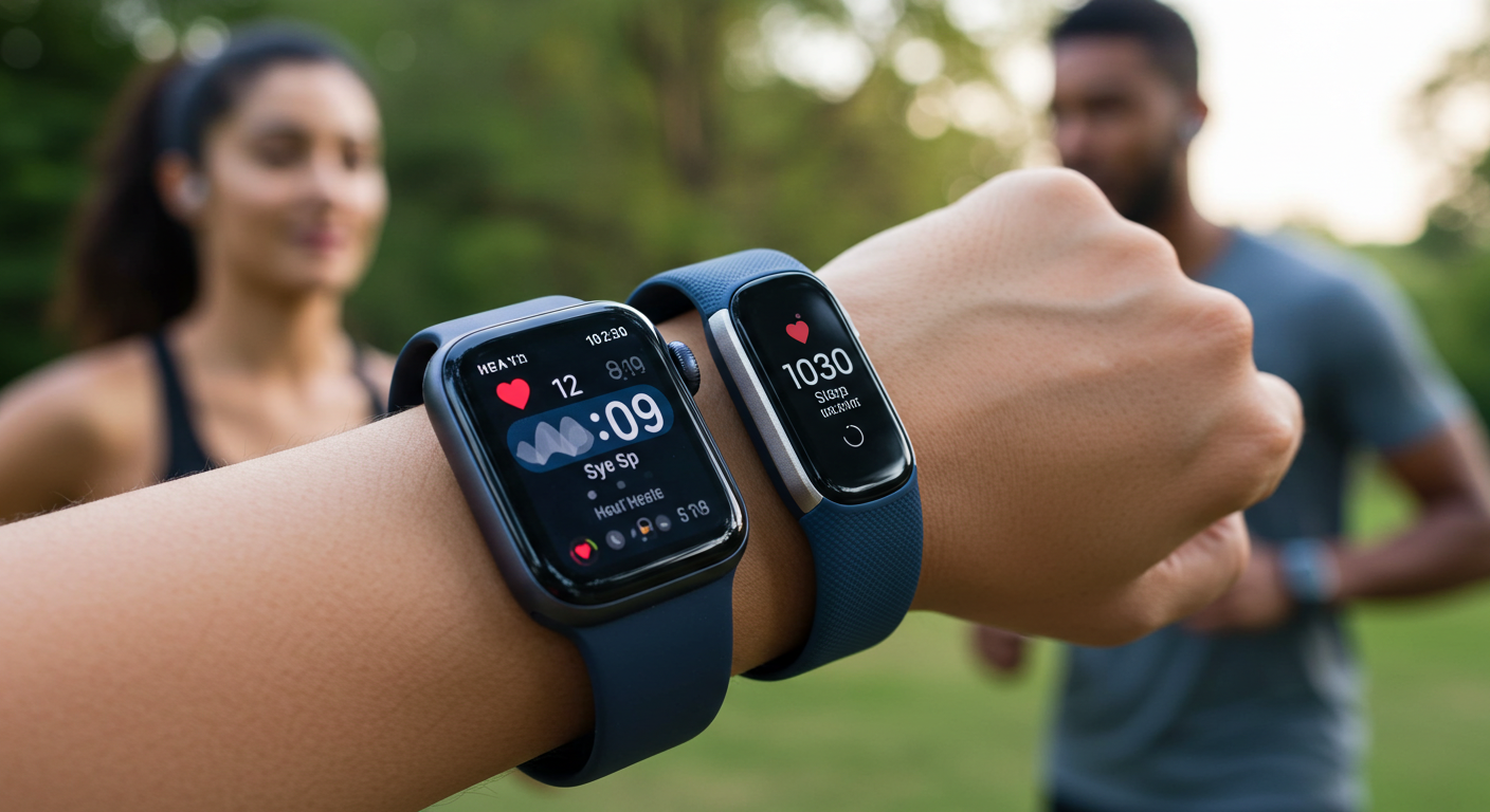 Sleek Apple Watch Series 10 and Fitbit Fitness Tracker showcasing health metrics with precision and style; softly blurred background of people exercising outdoors.