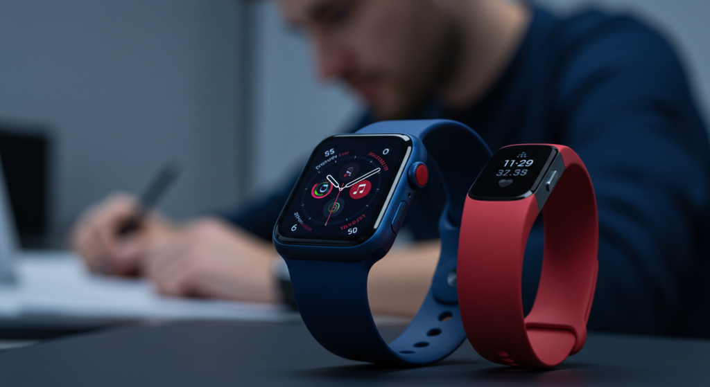 Close-up of an Apple Watch Series 10 and a Fitbit Inspire 3, showcasing their sleek designs and advanced technology. A blurred background suggests the innovative minds behind their creation."
