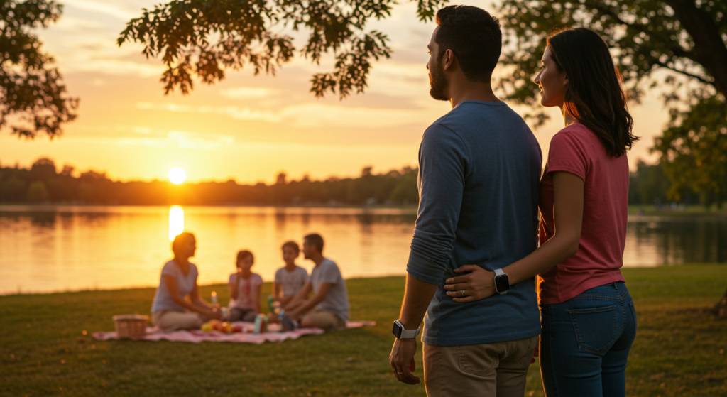 A diverse couple holds hands, gazing at a sunset; their family enjoys a lakeside picnic in the soft background. The couple is wearing Apple Watch Ultra 2 smartwatches.