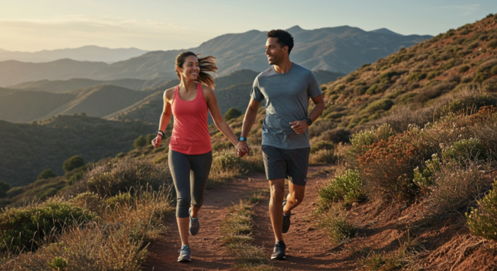 A diverse couple enjoys a run on a scenic trail, their Fitbit Sense 2 devices subtly visible, showcasing their shared joy, support, and partnership.