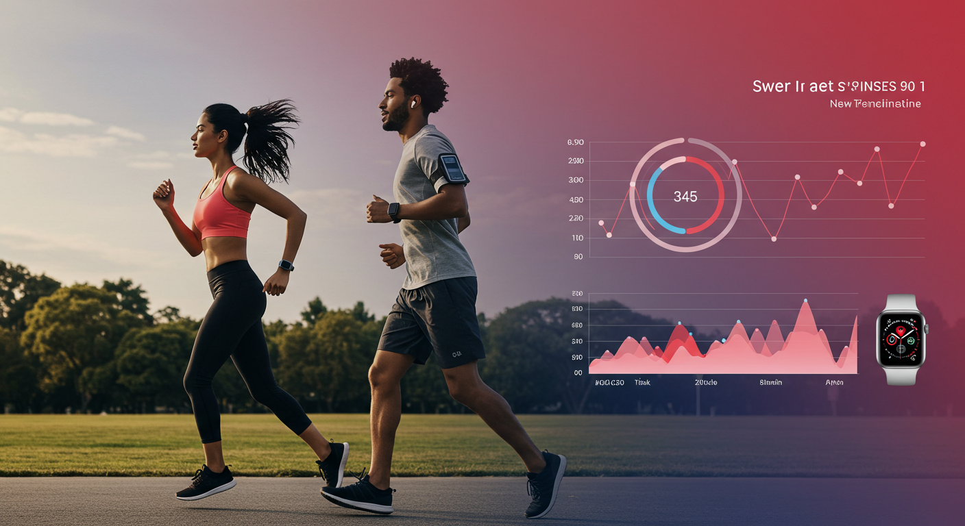 Energetic diverse couple enjoying an outdoor run, their Apple Watches subtly showcasing their fitness journey against a vibrant data visualization background.