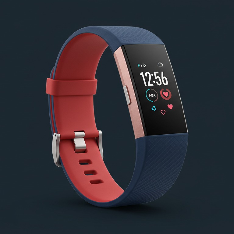 High-resolution image of a Fitbit Charge 6 fitness tracker, showcasing its display, buttons, and sensors against a blue background.