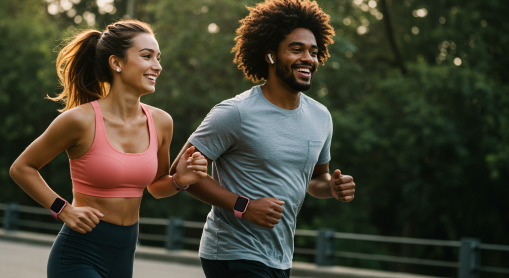 A joyful diverse couple engaged in an energetic outdoor workout, with Apple Watch Series 10 subtly visible on their wrists, highlighting a healthy and active lifestyle.