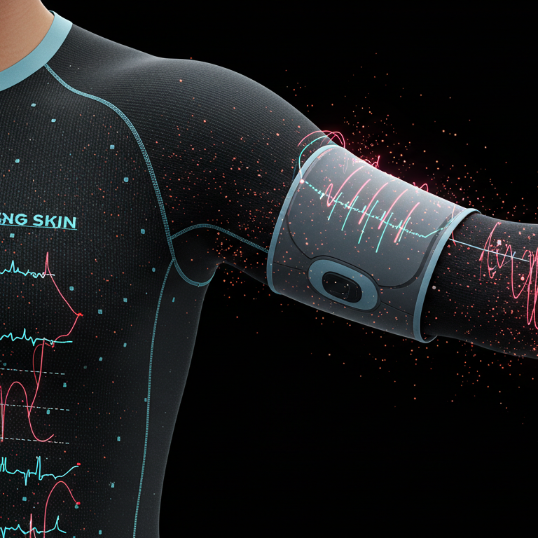 Abstract illustration of biometric data streaming from a Hexoskin smart shirt, visualized with dynamic lines and shapes in dark blue, red-pink, and white.