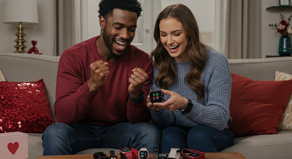 A couple smiles joyfully as they find matching smartwatches, celebrating their best Valentine's Day gift exchange.
