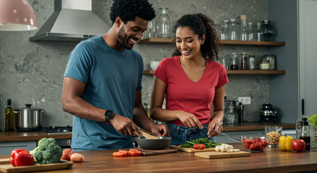 A happy diverse couple cooks together, their positive interaction and connection highlighted, with a Polar Vantage V3 visible on the man's wrist.
