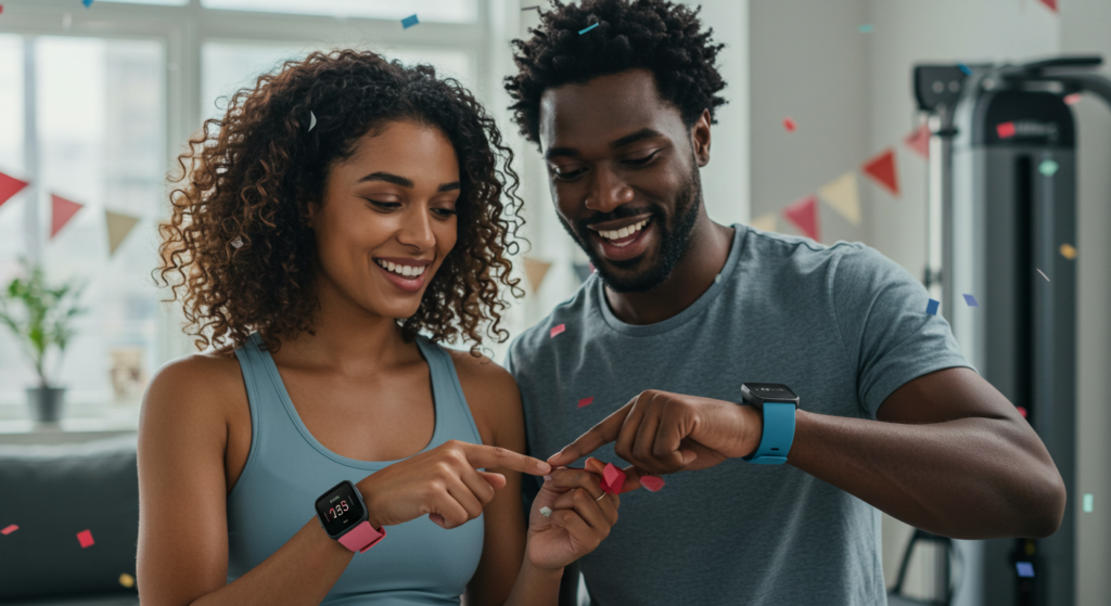 A happy couple celebrates a fitness milestone together, shown on their Fitbit Sense 2 devices in a bright, festive home gym setting.