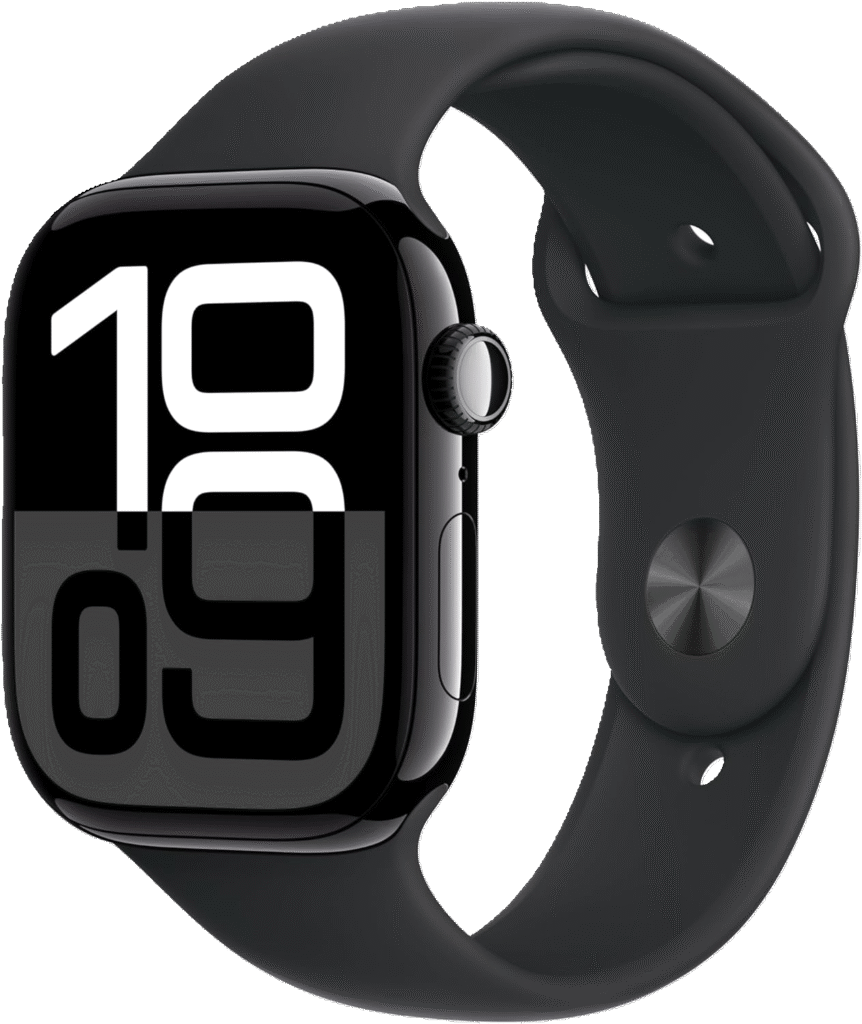 Apple Watch Series 10 [GPS 46mm case] Smartwatch with Jet Black Aluminium Case with Black Sport Band - M/L. Fitness Tracker, ECG App, Always-On Retina Display, Water Resistant.