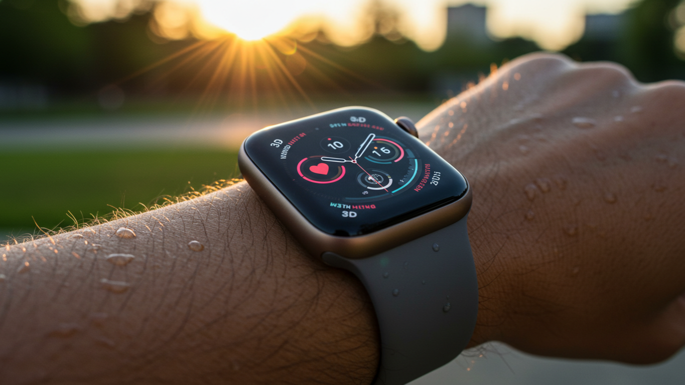 Apple Watch Series 10 on athlete's wrist showing advanced fitness metrics, captured in morning workout setting with urban park background.