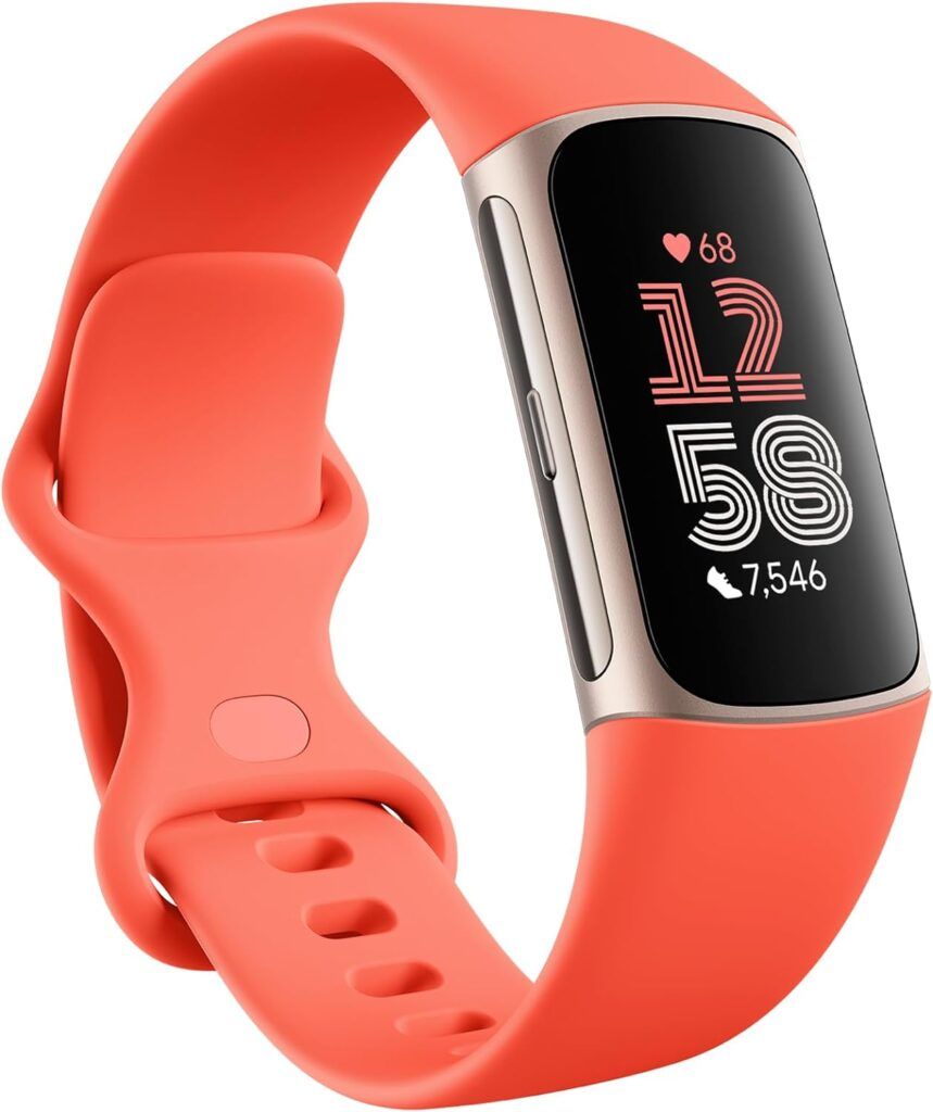 Fitbit Charge 6 Fitness Tracker with Google apps, Heart Rate on Exercise Equipment, 6-Months Premium Membership Included, GPS, Health Tools and More, Gold/Coral, One Size (S & L Bands Included)
