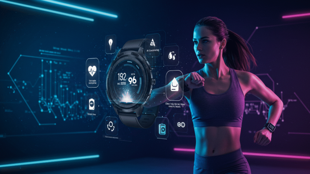 Futuristic digital illustration of an athlete wearing a next-gen smartwatch, surrounded by holographic health metrics (heart rate, AI coaching, hydration, sleep monitoring) against a glowing high-tech background in vibrant deep blues, purples, and neon accents.