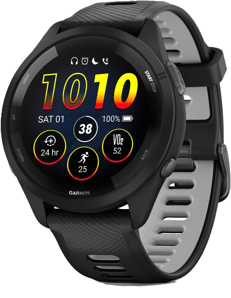Garmin Forerunner 265 Running Smartwatch, Colorful AMOLED Display, Training Metrics and Recovery Insights, Black and Powder Gray.