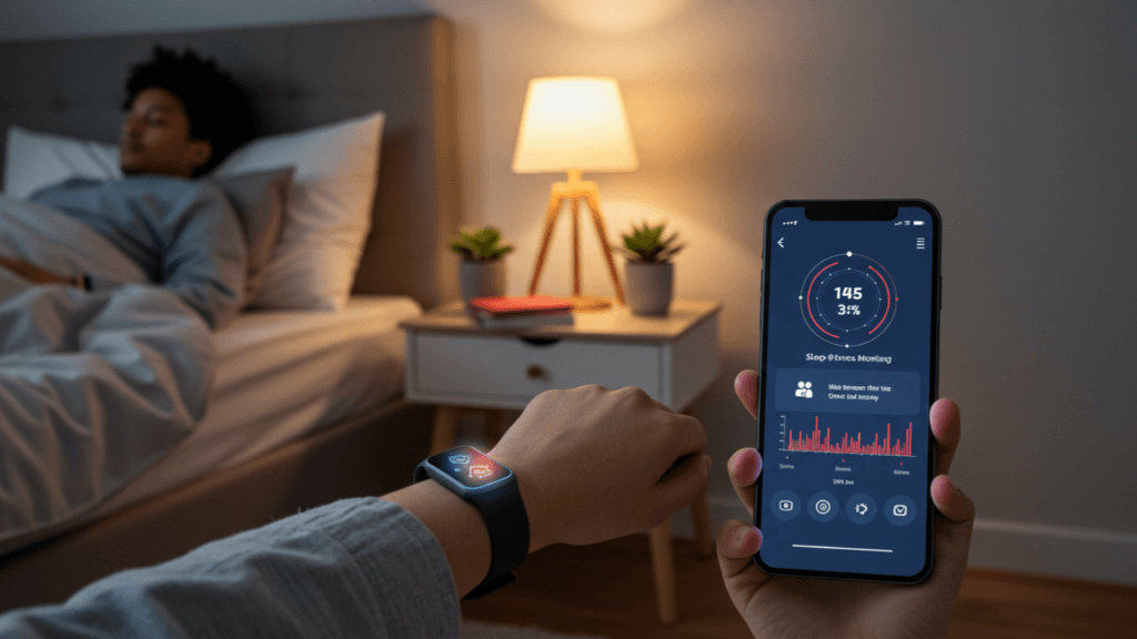 A woman relaxing in a cozy bedroom, wearing a sleek wrist-worn wearable device while viewing health metrics on a glowing smartphone screen.