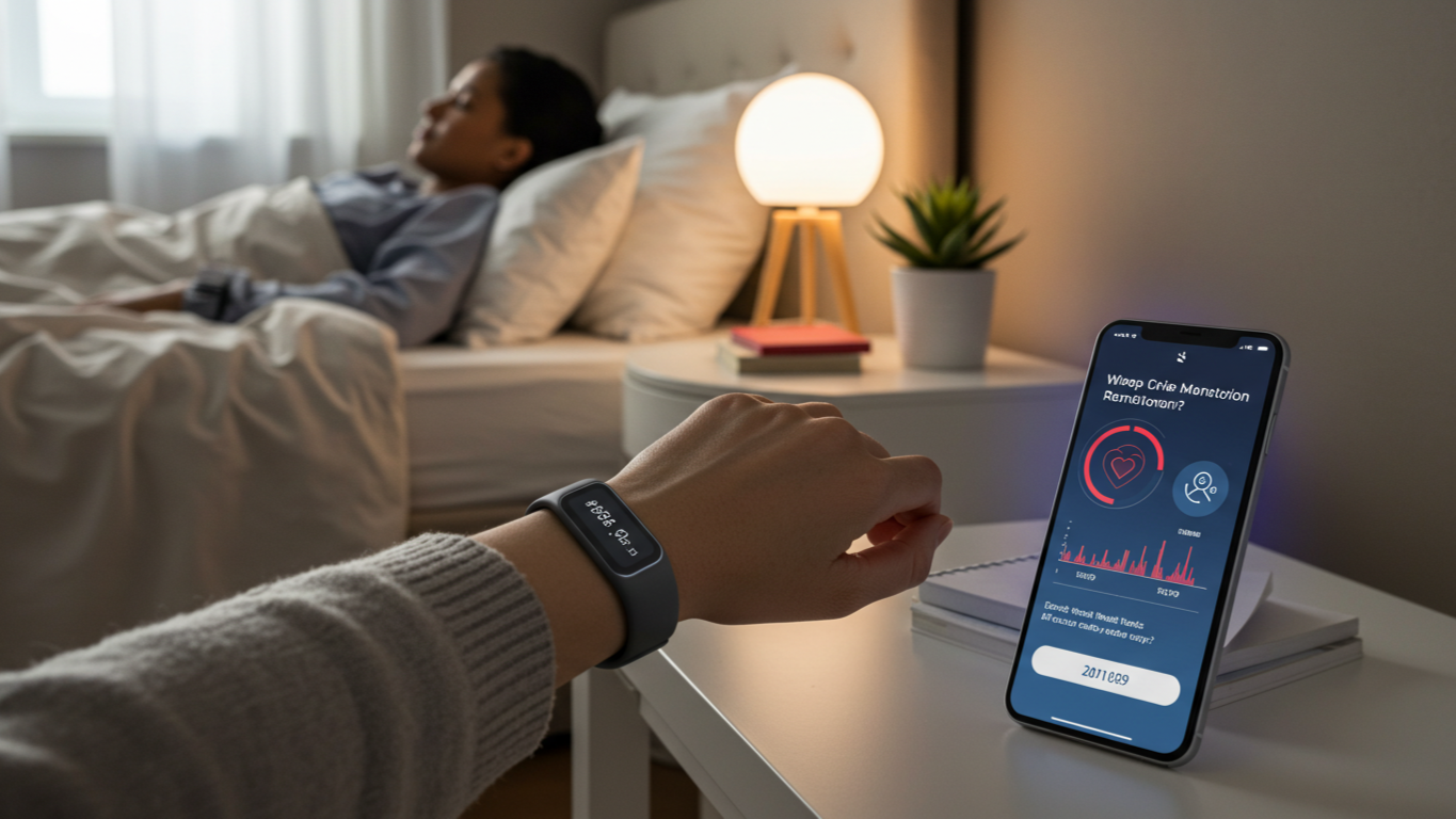 Woman relaxing in a cozy bedroom, wearing a sleek wrist-worn wearable device while viewing health metrics on a glowing smartphone screen.