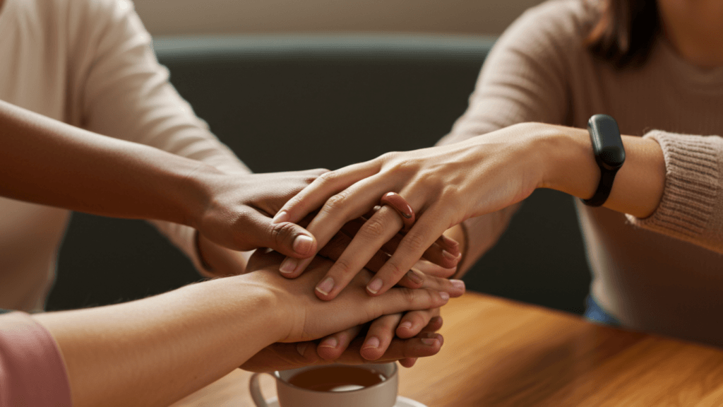 Diverse hands gathered around a coffee table, with one person wearing a sleek smart ring while checking wellness stats on their phone. Natural sunlight illuminates the casual, welcoming scene of people sharing a wellness moment together.