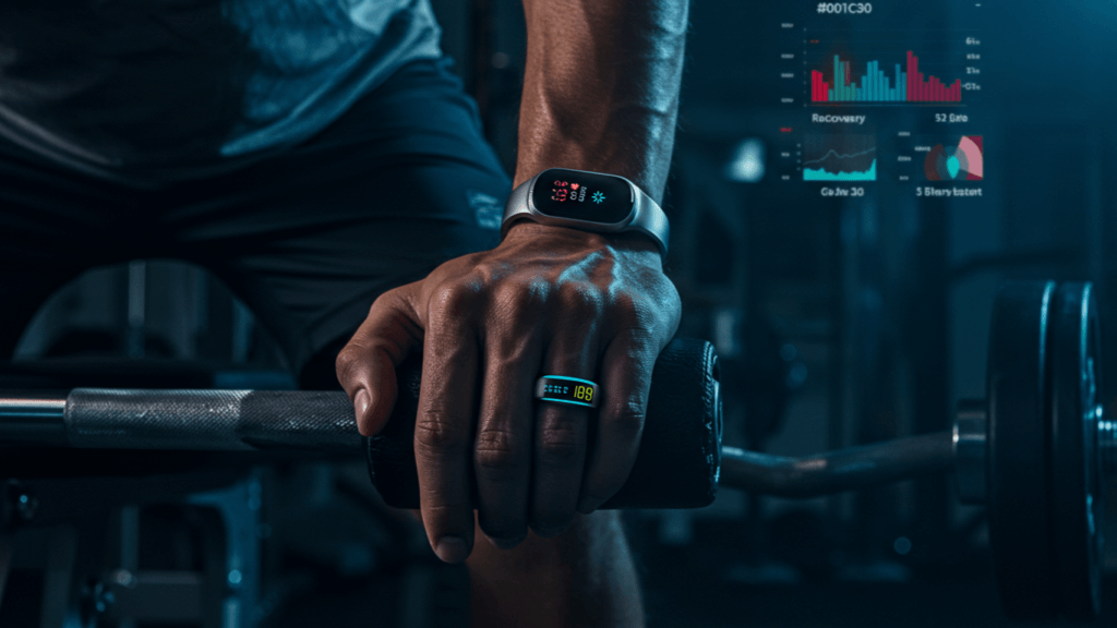 Close-up of a competitive athlete's hand gripping a barbell, showcasing a sleek, metallic smart ring with a glowing digital display. The gym environment features dramatic lighting that highlights muscle definition and the ring's reflective surface. In the blurred background, a performance metrics screen displays heart rate and recovery data, adding a high-tech, focused atmosphere. Beads of sweat on the athlete's hand emphasize intense training and peak performance.