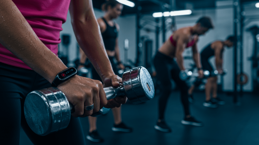 Close-up of well-defined hands gripping a chrome dumbbell in a sleek, modern gym with navy blue, red/pink, and white accents. A metallic silver smart ring on one finger reflects natural light, with subtle blue LED indicators glowing. In the softly blurred background, diverse athletes perform strength exercises, adding depth and motion. Beads of sweat glisten under cool, strategic lighting, highlighting the intensity of the workout and the ring's durability.