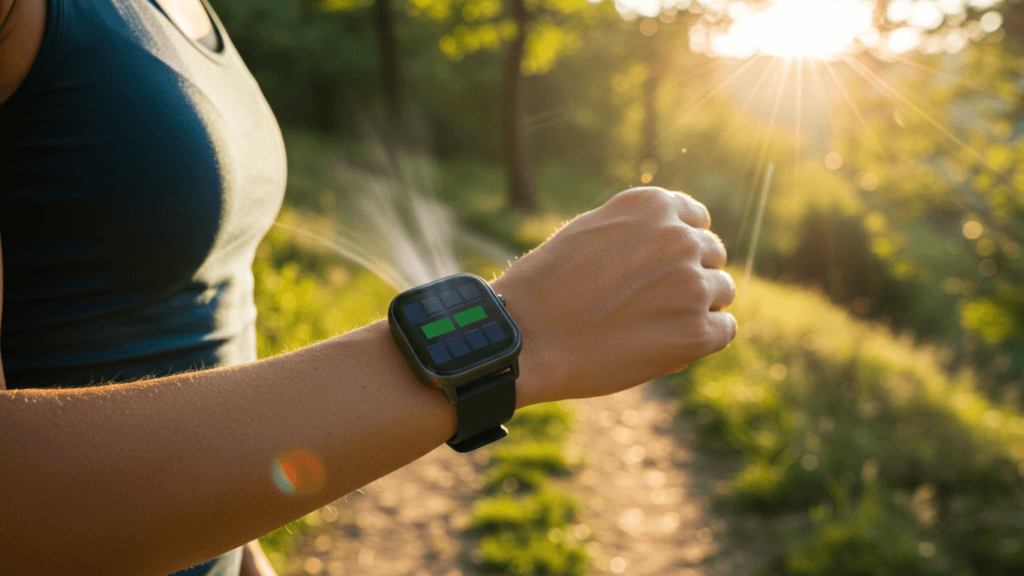 An active individual hiking on a sunlit trail, wearing a solar-powered smartwatch with visible solar panels illuminated by sunlight. The scene features vibrant greenery, clear skies, and sunlight streaming through trees, highlighting the harmony between wearable technology and sustainable outdoor lifestyles.
