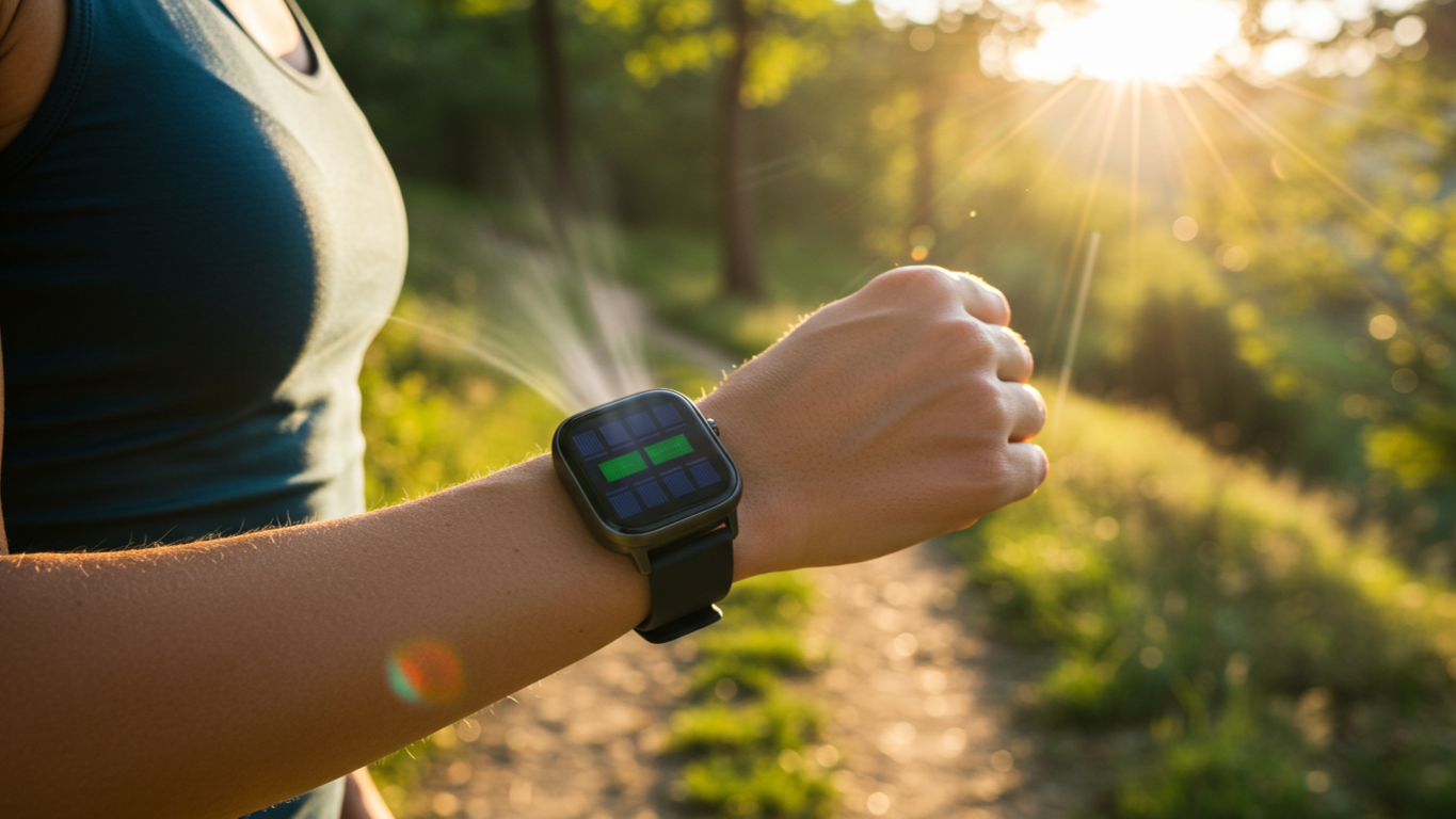 An active individual hiking on a sunlit trail, wearing a solar-powered smartwatch with visible solar panels illuminated by sunlight. The scene features vibrant greenery, clear skies, and sunlight streaming through trees, highlighting the harmony between wearable technology and sustainable outdoor lifestyles.