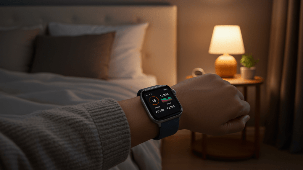 Person relaxing in a cozy bedroom, wearing a smartwatch displaying sleep tracking and stress metrics, surrounded by soft lighting and a calm atmosphere.