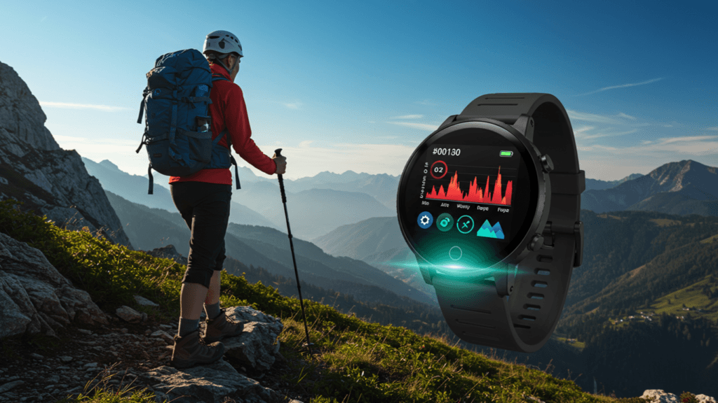 Hiker in a scenic outdoor setting wearing a solar-powered smartwatch glowing under sunlight, with lush greenery, blue skies, and distant mountains in the background.