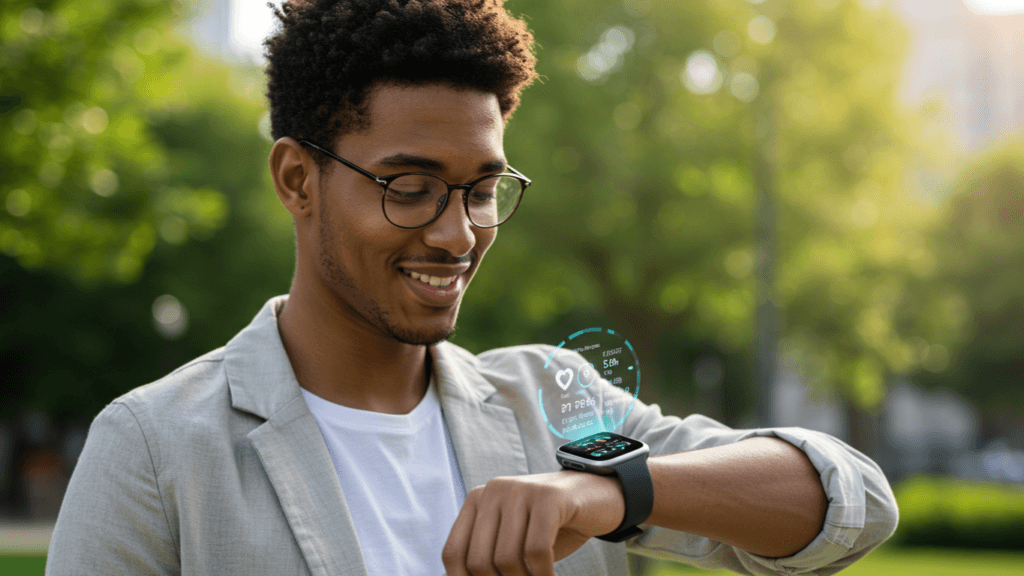 Young professional smiling while checking health metrics on a holographic smartwatch display, photographed against sunlit park backdrop