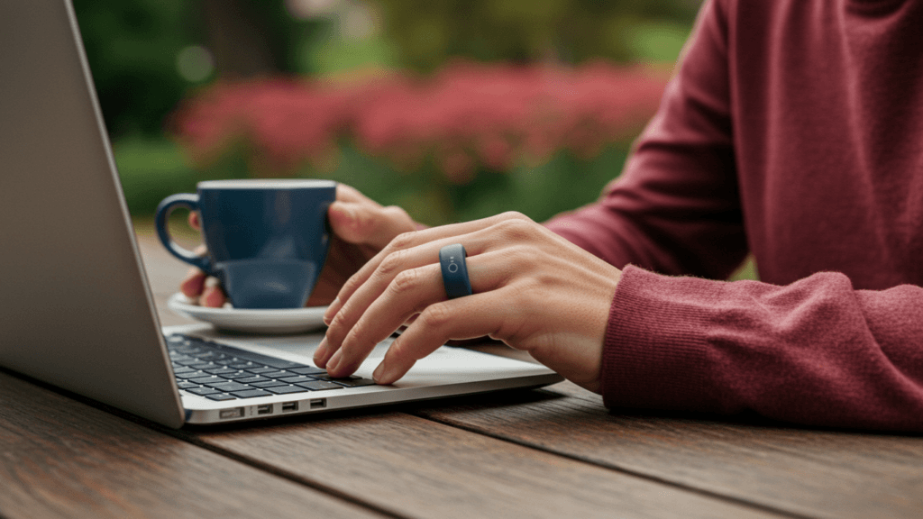 A person wearing a sleek Smart Ring while performing daily tasks such as working on a laptop while drinking coffee in a vibrant outdoor setting. The compact and stylish design of the Smart Ring is emphasized, highlighting its versatility for health tracking and active lifestyles.