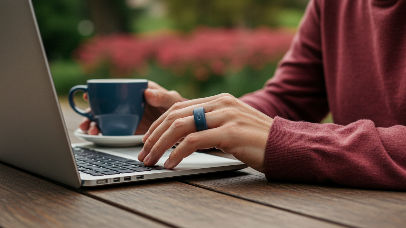 A person wearing a sleek Smart Ring while performing daily tasks such as working on a laptop while drinking coffee in a vibrant outdoor setting. The compact and stylish design of the Smart Ring is emphasized, highlighting its versatility for health tracking and active lifestyles.