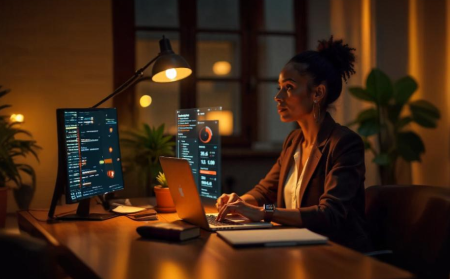 Diverse Female Executive Working at Her Desk Late Evening